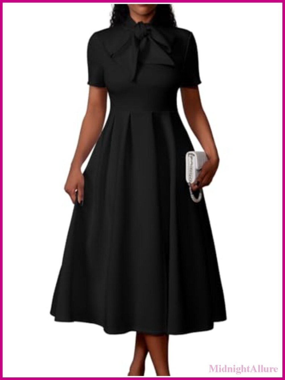 Women's Elegant A-Line Dress with Pockets Short Sleeve Necktie Fit and Flare